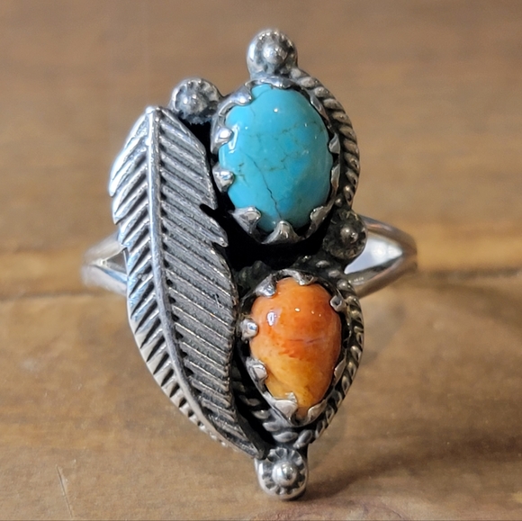 Native Jewelry - Native Red Coral Tibetan Turquoise Gemstone Ring Size 8 Boho Jewelry